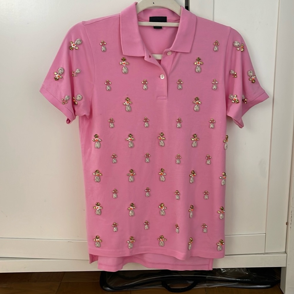 J Crew pink polo shirt with crystal details